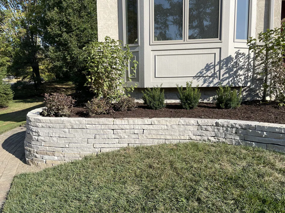 Curved limestone retaining wall holding a foundation bed of shrubs beside a house